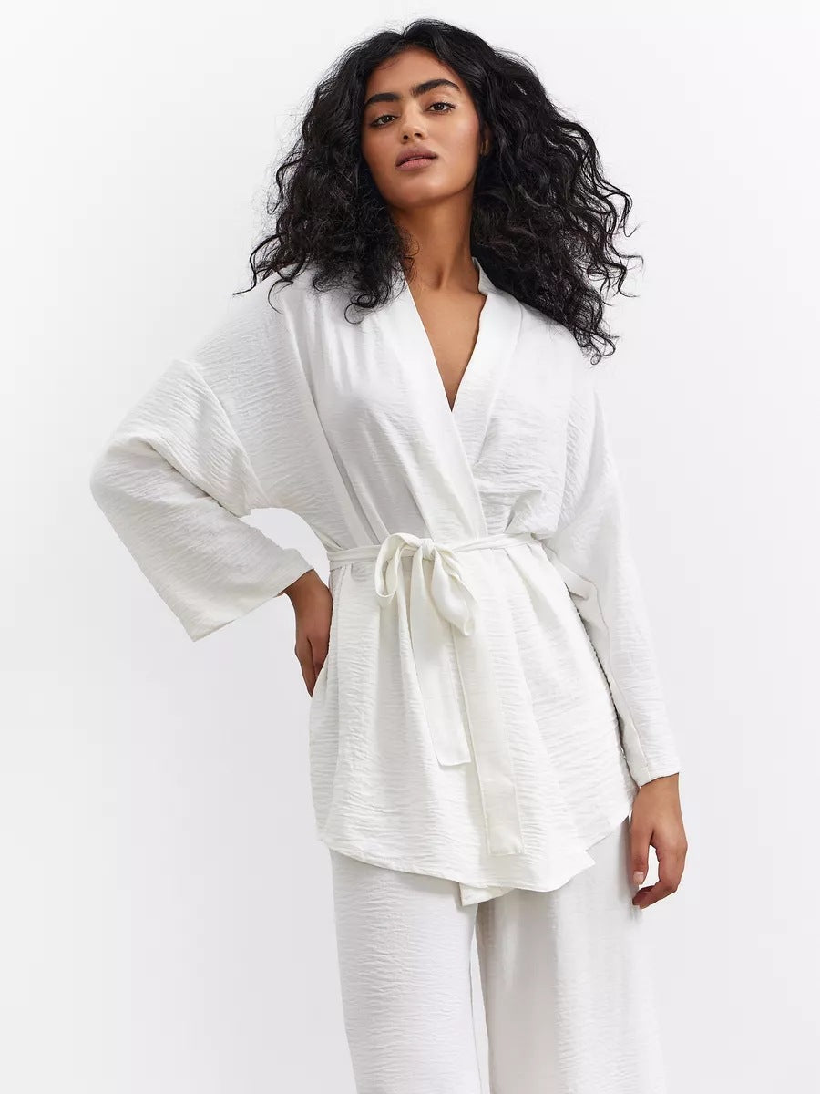 Damen eleganter Kimono-Style Morgenmantel mit stilvollem Gürtel und langen Ärmeln Heidi-Mode