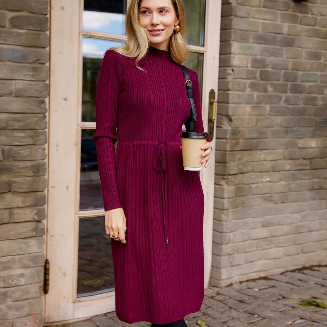 Damen Strickkleid mit Taillenkordelzug und elegantem Stehkragen Heidi-Mode