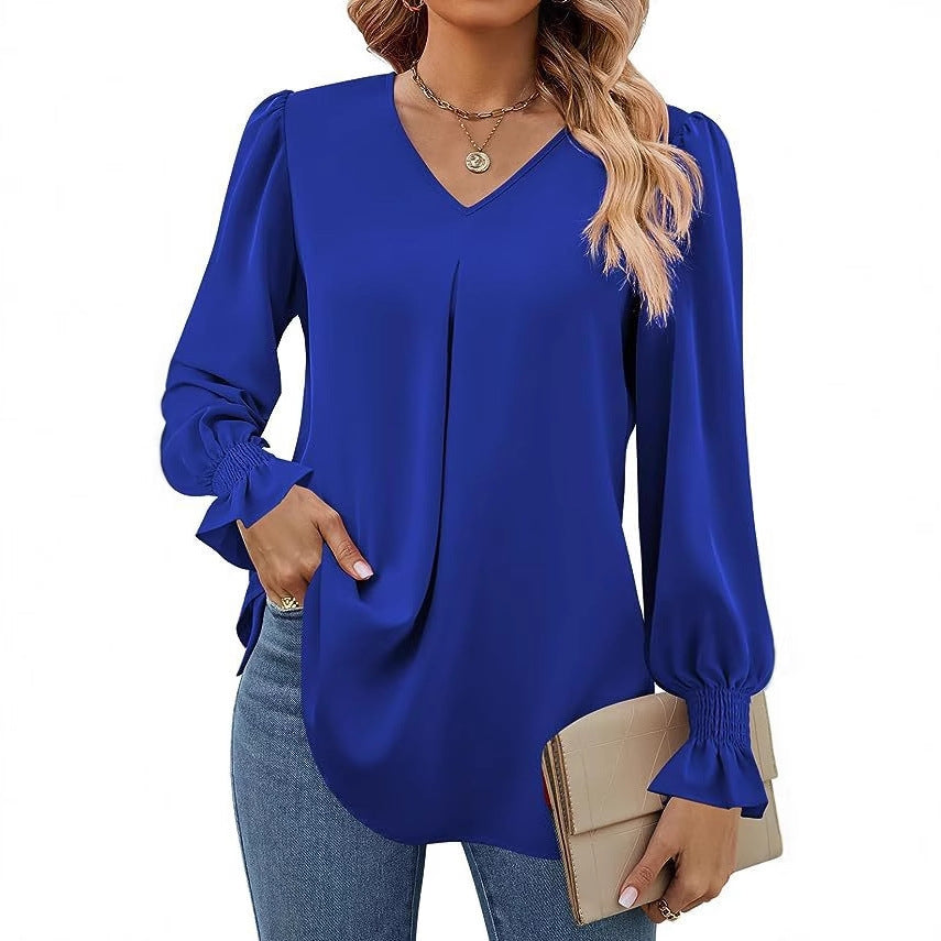 Damen Elegante Bluse mit V-Ausschnitt und Puffärmel Heidi-Mode