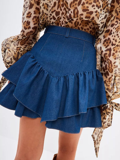 Damen Jeansrock mit Rüschendetails und hohem Bund Heidi-Mode