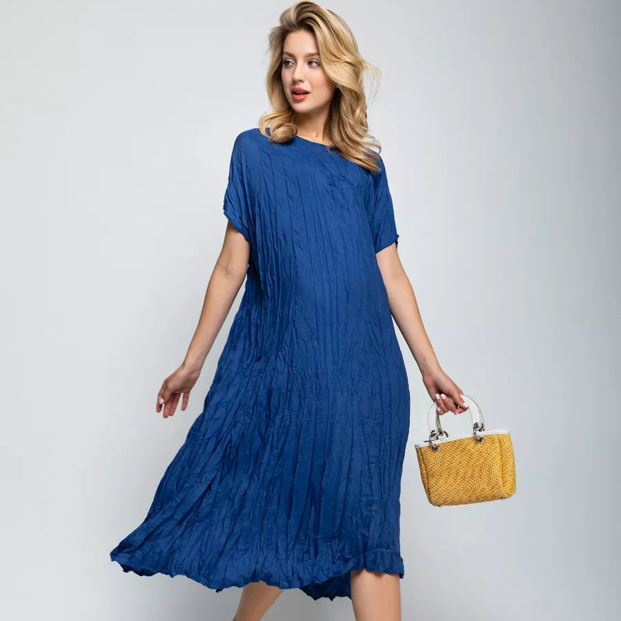 Damen lässiges Midikleid aus leichtem Stoff mit Faltenwurf und kurzem Arm Heidi-Mode