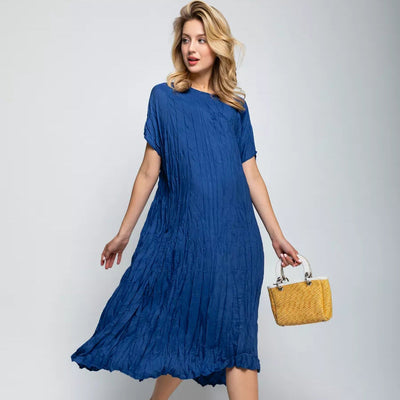 Damen lässiges Midikleid aus leichtem Stoff mit Faltenwurf und kurzem Arm Heidi-Mode