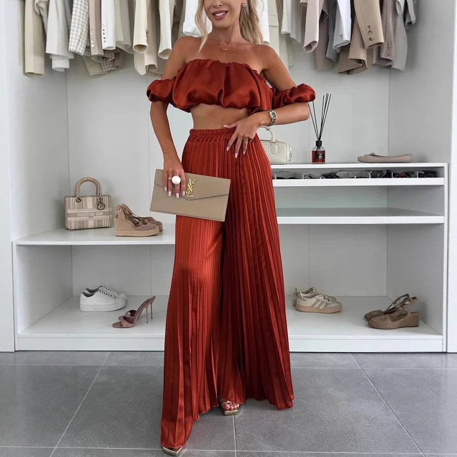 Damen Plissee-Bodenlanger Rock mit elastischem Bund und modischem Crop-Top Heidi-Mode