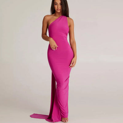 Damen Maxi-Dress mit asymmetrischem Ausschnitt und raffinierten Drapage-Details Heidi-Mode