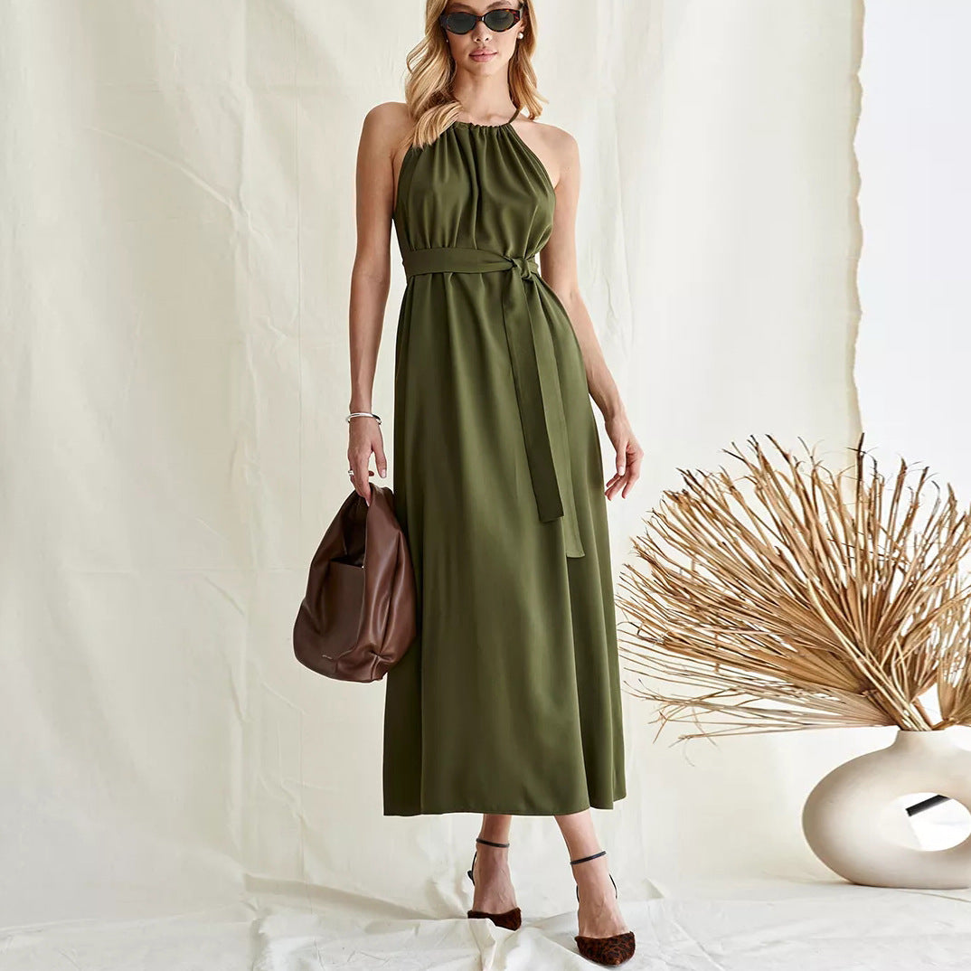 Damen Maxikleid mit gerafftem Ausschnitt und Taillengürtel Heidi-Mode