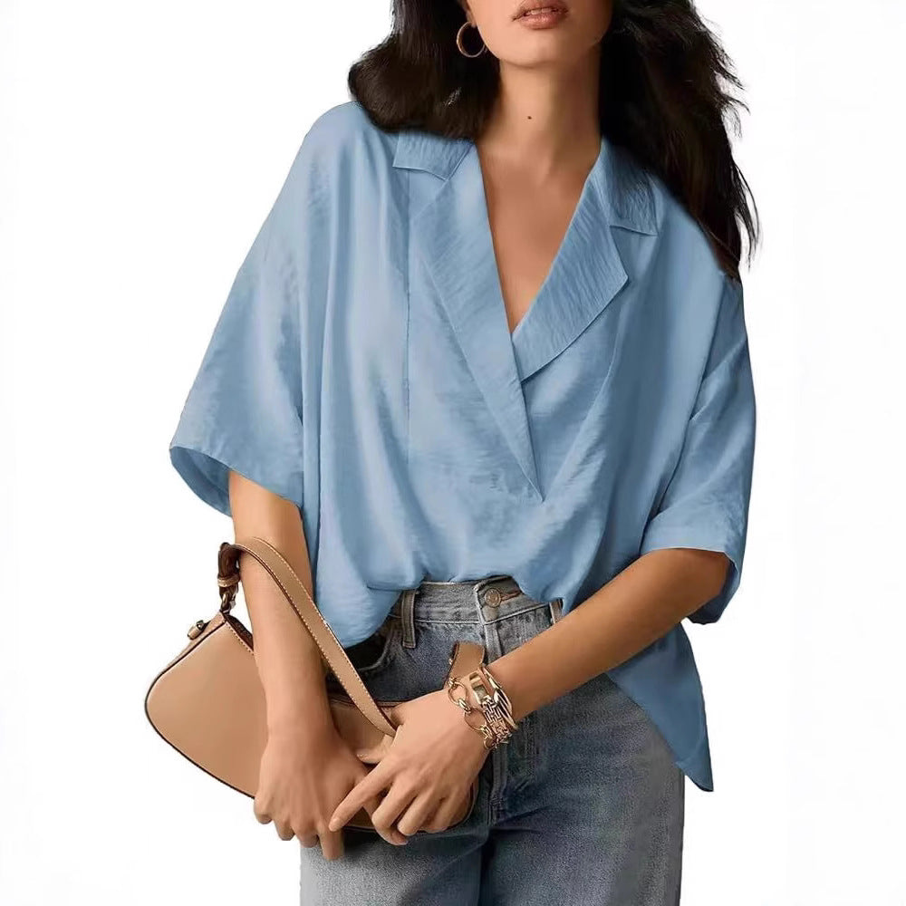Damen lockeres und stilvolles Blusenoberteil mit V-Ausschnitt und kurzen Ärmeln Heidi-Mode