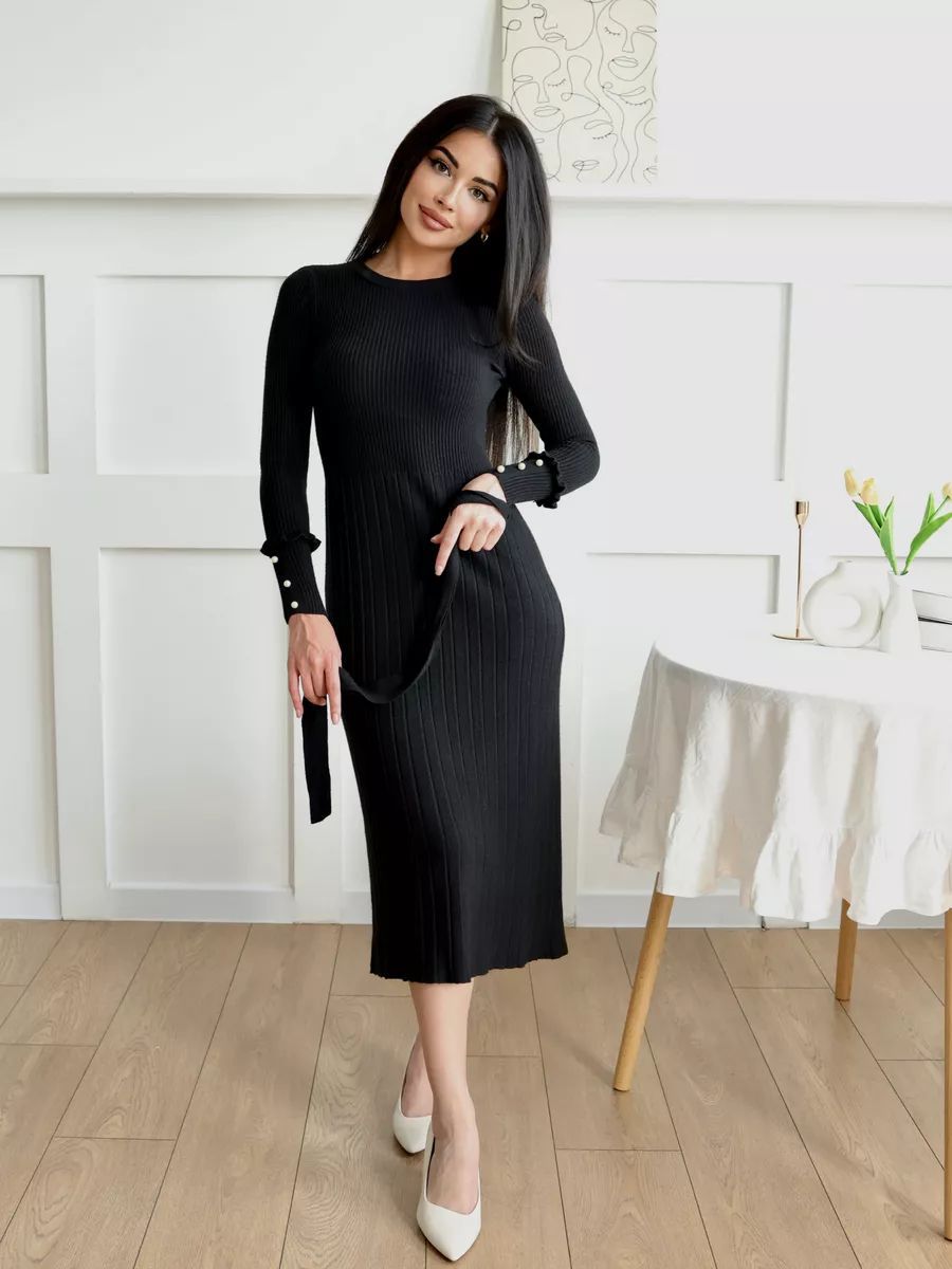 Damen Feinstrick Kleid mit elegante Rippstruktur und modischen Ärmelakzenten Heidi-Mode