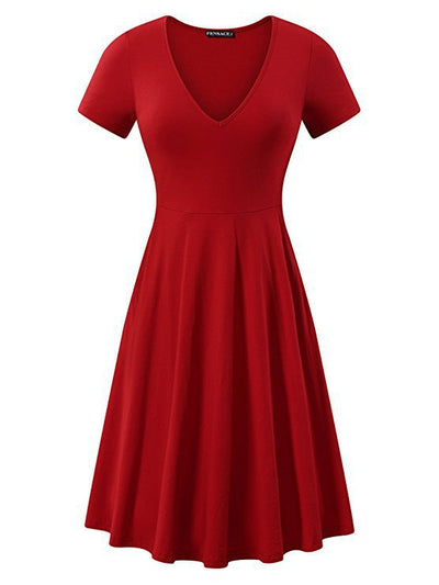 Damen A-Linien Kleid mit tiefem V-Ausschnitt und kurzem Ärmel Heidi-Mode
