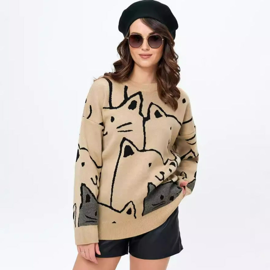 Damen lässiger Pullover mit modernem Katzendesign und oversized Passform Heidi-Mode