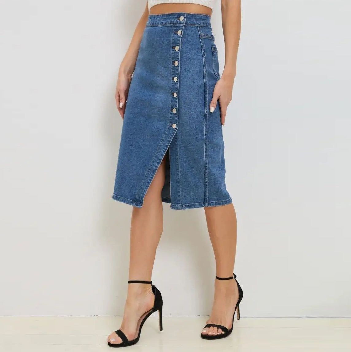 Damen Denim-Midirrock mit Knopfverschluss und hoher Taille Heidi-Mode