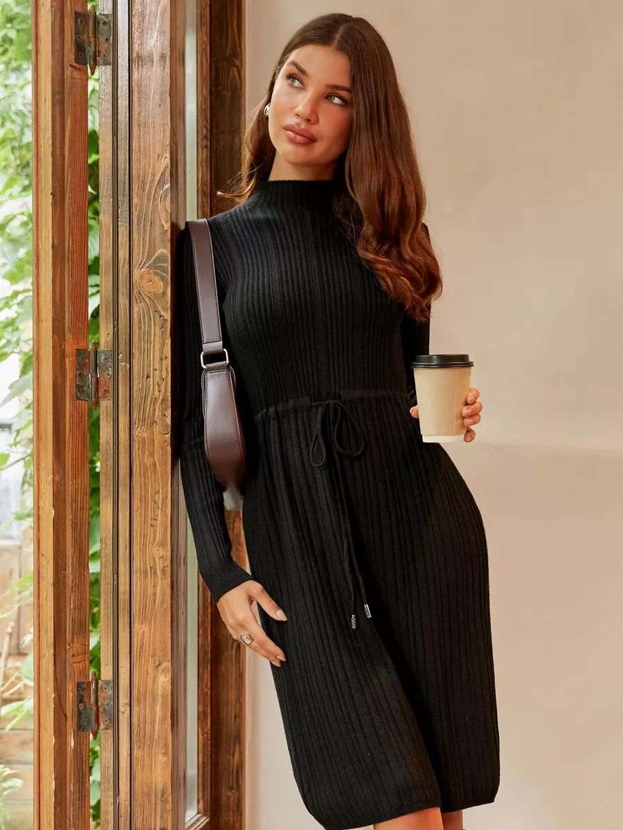 Damen Strickkleid mit Taillenkordelzug und elegantem Stehkragen Heidi-Mode