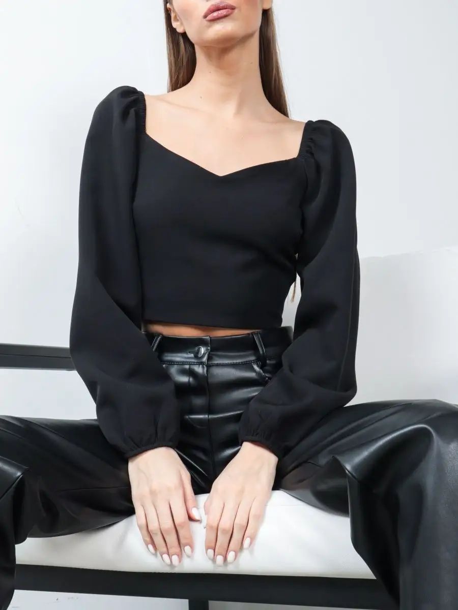 Damen Crop-Top mit herzförmigem Ausschnitt und Puffärmeln Heidi-Mode