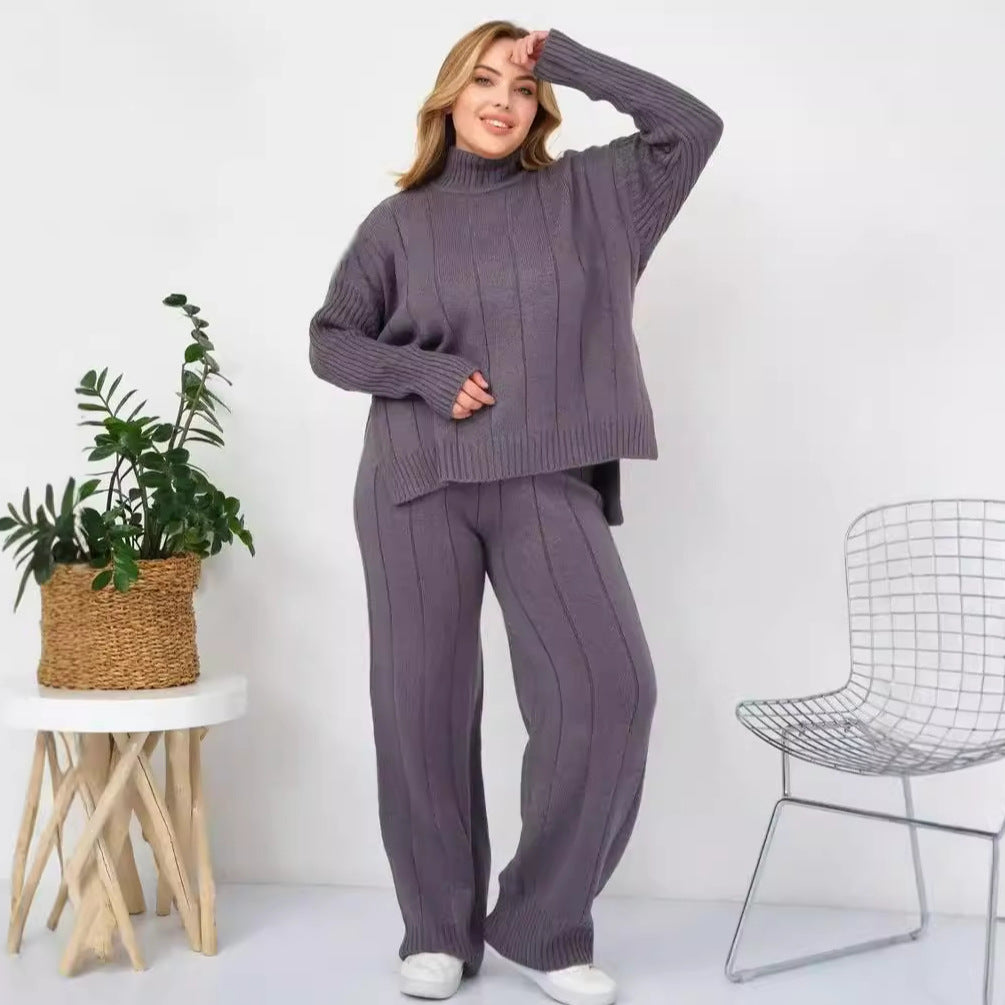 Damen lässiger Strickanzug mit hochgeschlossenem Kragen und elegantem Rippenmuster Heidi-Mode