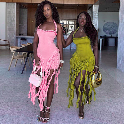 Damen Designer Minikleid mit aufregenden Fransen und schulterfreiem Schnitt Heidi-Mode
