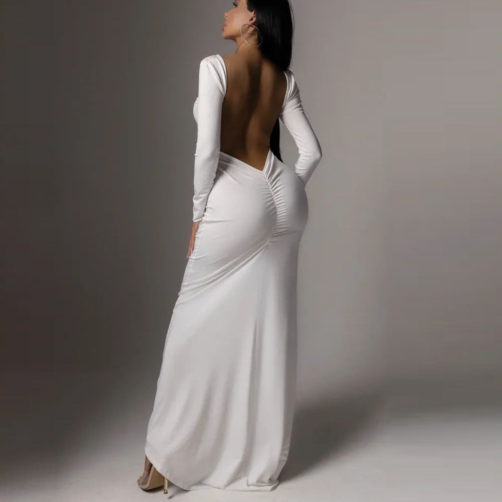 Damen Elegantes Maxikleid mit tiefem Rückenausschnitt und langen Ärmeln Heidi-Mode