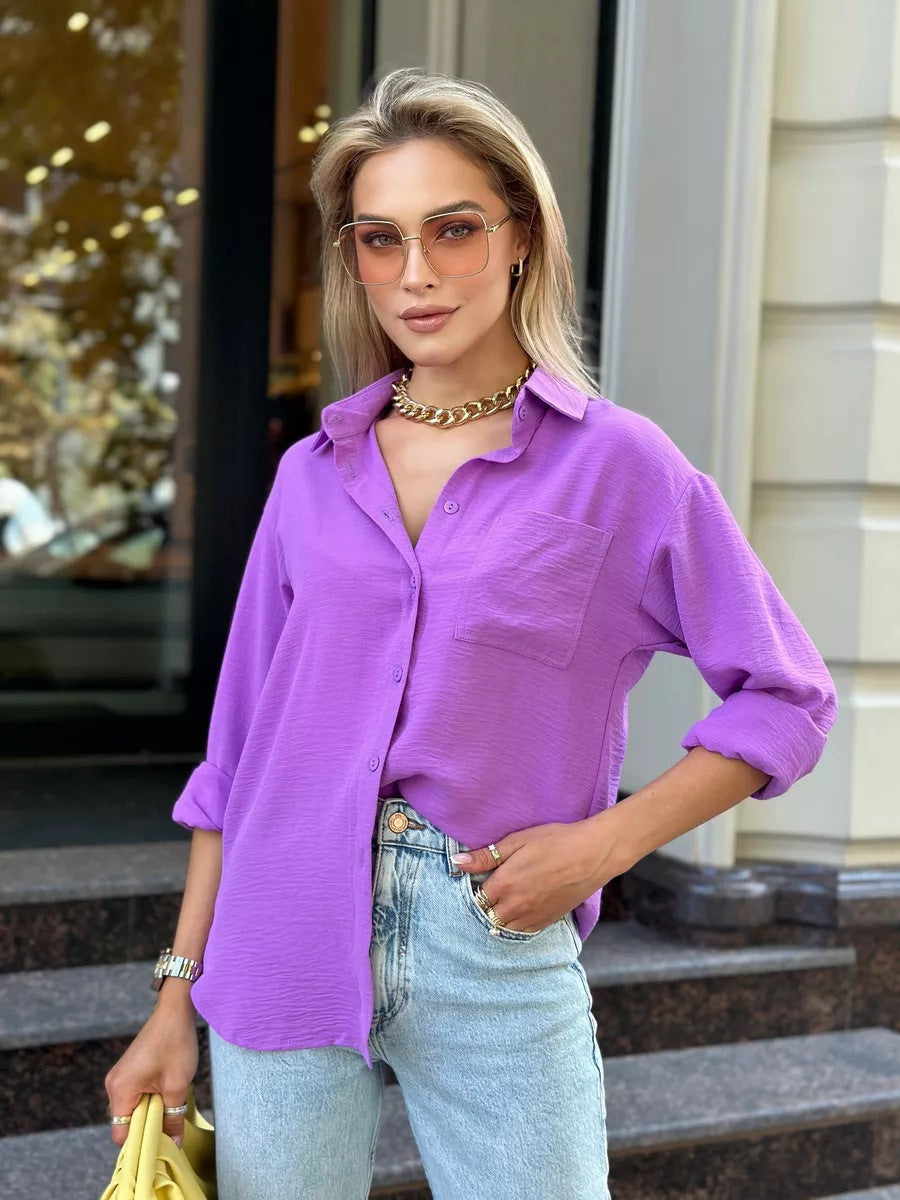 Damen lässiges Overshirt mit Button-Down-Kragen und Brusttasche Heidi-Mode