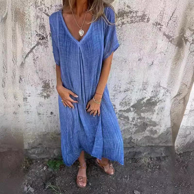 Damen luftiges V-Ausschnittkleid aus leichtem Stoff mit schwingendem Saum Heidi-Mode