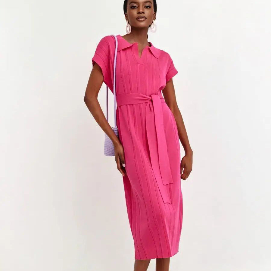 Damen Midi-Kleid mit schickem Kragen und Taillengürtel Heidi-Mode