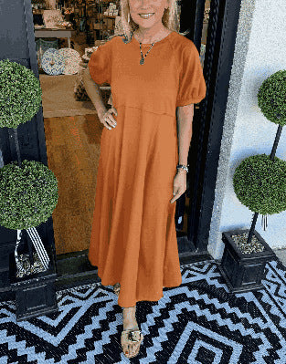 Damen Maxikleid mit schwingendem Schnitt und eleganten Puffärmeln Heidi-Mode