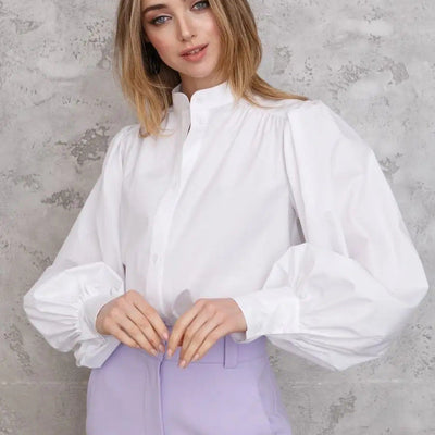 Damen Bluse mit Puffärmeln und hohem Kragen Heidi-Mode