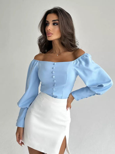 Damen Off-Shoulder Bluse mit eleganten Puffärmeln und Knopfdetails Heidi-Mode