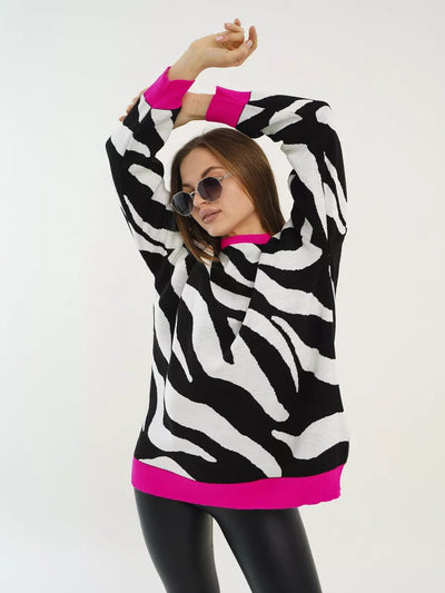 Damen komfortabler Strickpullover mit auffälligem Zebramuster und Kontrastbündchen Heidi-Mode