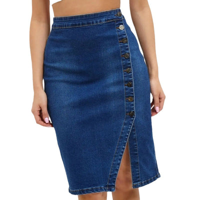 Damen Denim-Midirrock mit Knopfverschluss und hoher Taille Heidi-Mode