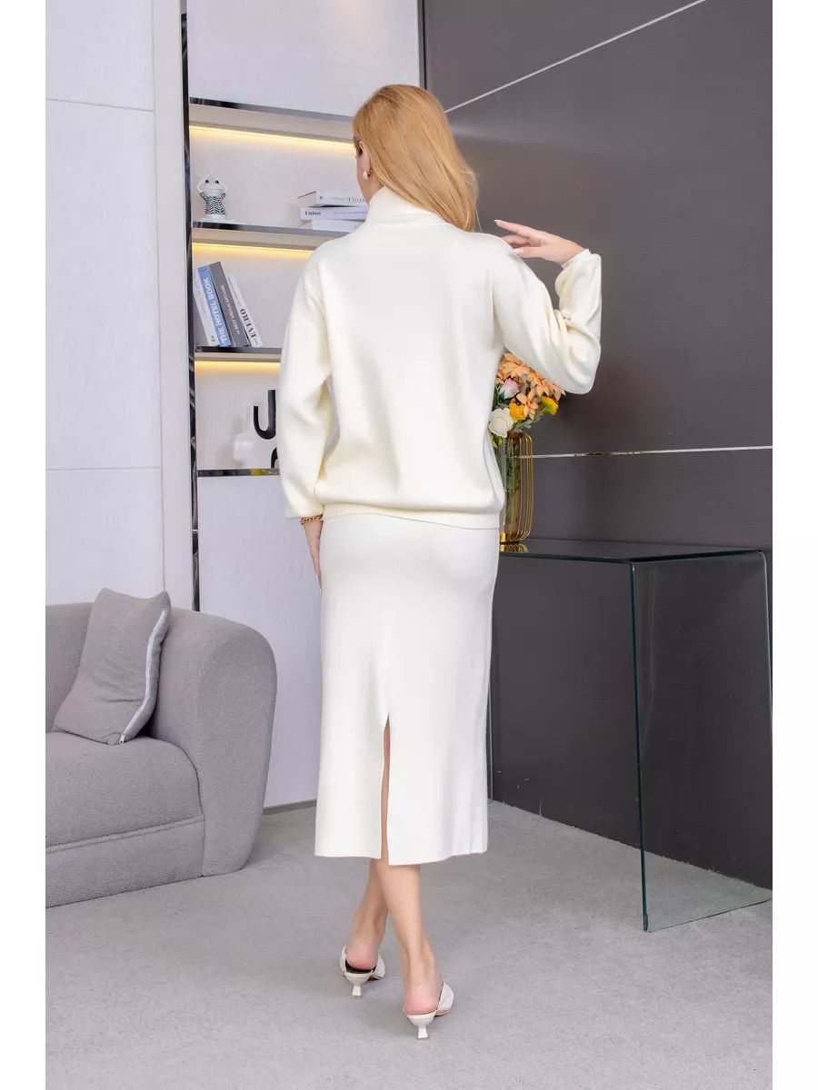 Damen Set aus Pullover und Rock mit hohem Kragen und eleganten Seitenschlitzen Heidi-Mode