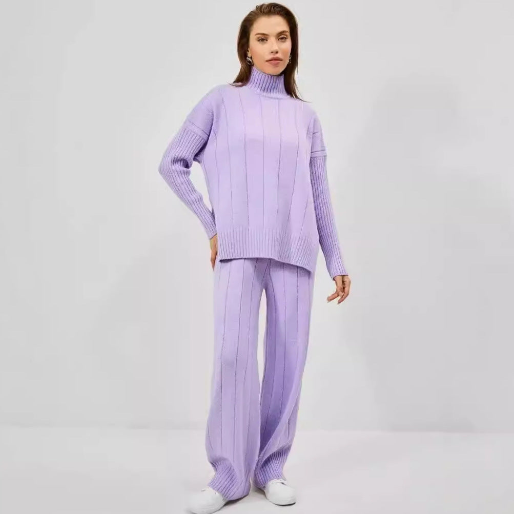 Damen lässiger Strickanzug mit hochgeschlossenem Kragen und elegantem Rippenmuster Heidi-Mode