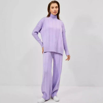 Damen lässiger Strickanzug mit hochgeschlossenem Kragen und elegantem Rippenmuster Heidi-Mode