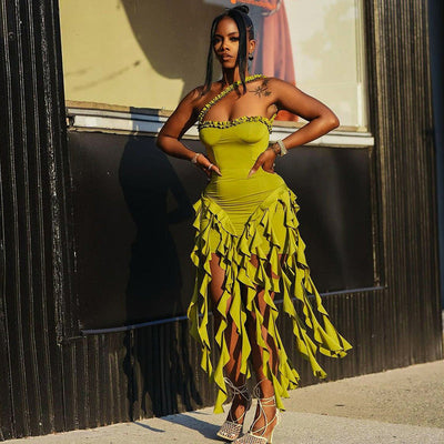 Damen Designer Minikleid mit aufregenden Fransen und schulterfreiem Schnitt Heidi-Mode