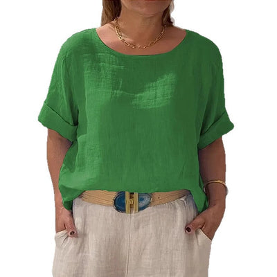 Damen lässige Leinenbluse mit umschlagbaren Ärmeln und elegantem Rundhalsausschnitt Heidi-Mode