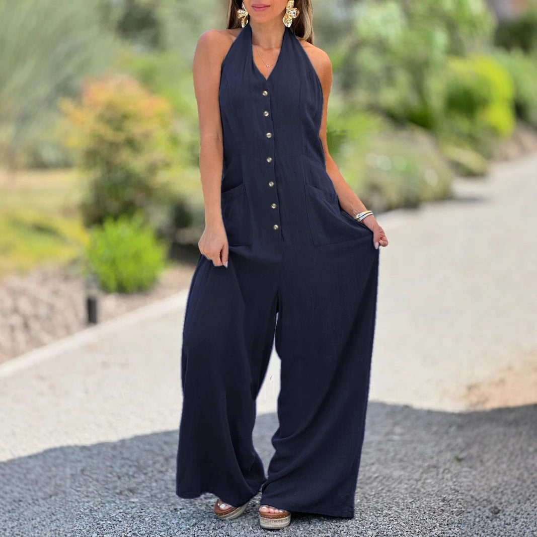 Damen Halter-Jumpsuit mit praktischen Taschen und Knopfverschluss Heidi-Mode