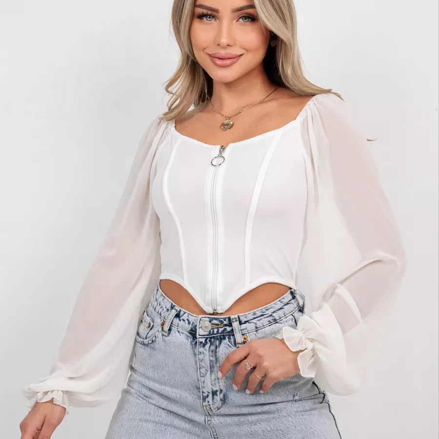 Damen Bluse mit Puffärmeln aus chiffonähnlichem Stoff und quadratischem Ausschnitt Heidi-Mode