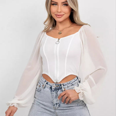 Damen Bluse mit Puffärmeln aus chiffonähnlichem Stoff und quadratischem Ausschnitt Heidi-Mode
