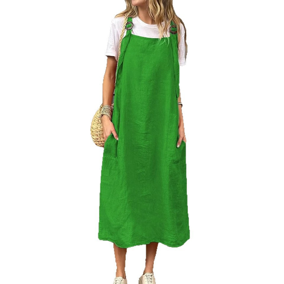 Damen Lässiges Leinenkleid mit praktischen Trägerdetails und großen Taschen Heidi-Mode