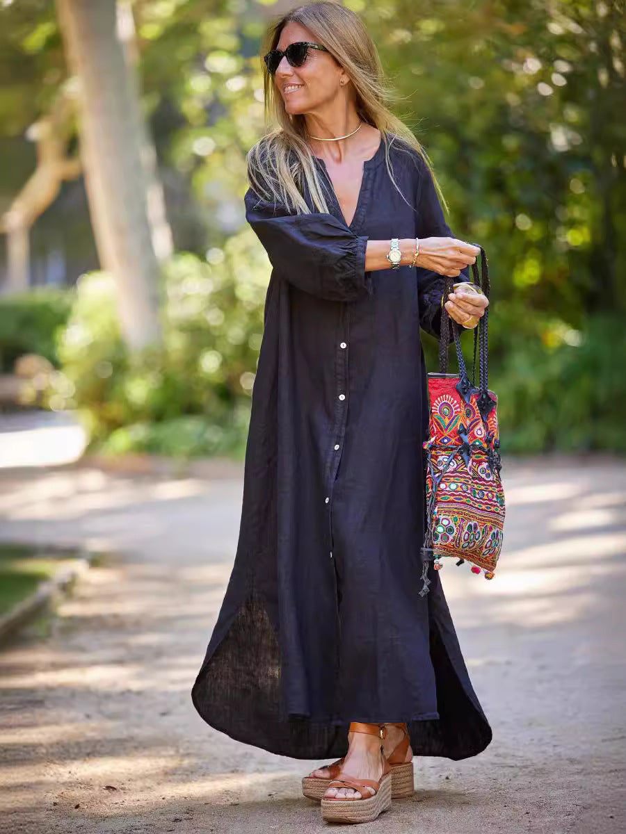 Damen Langarm-Linnenkleid mit Knopfleiste und seitlichen Schlitzen Heidi-Mode