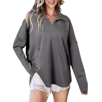 Damen bequemer Oversized Pullover mit Halb-Reißverschluss und praktischen Taschen Heidi-Mode