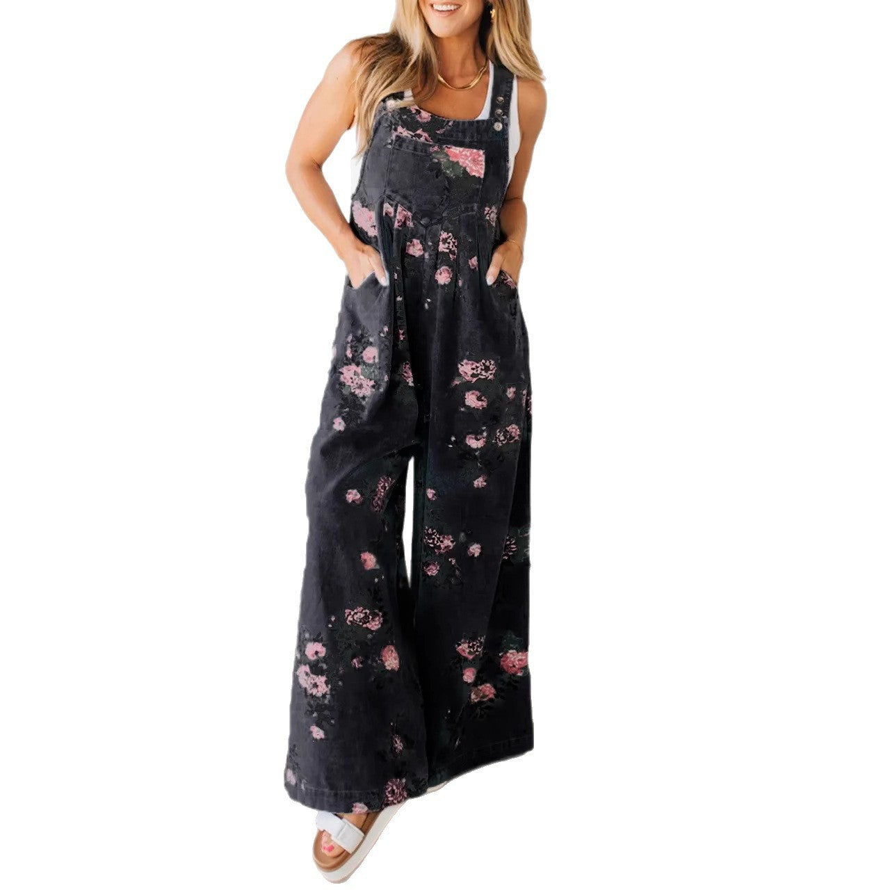 Damen Baumwoll-Overall mit floralem Druck und weiten Beinen Heidi-Mode