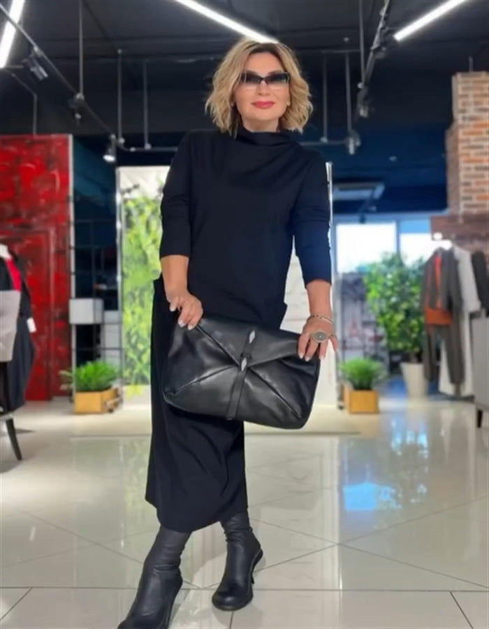 Damen Elegantes Midi-Kleid mit hochgeschlossenem Kragen und langen Ärmeln Heidi-Mode