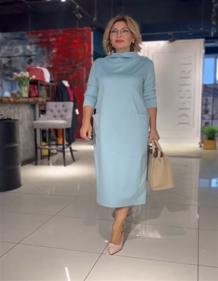 Damen Elegantes Midi-Kleid mit hochgeschlossenem Kragen und langen Ärmeln Heidi-Mode