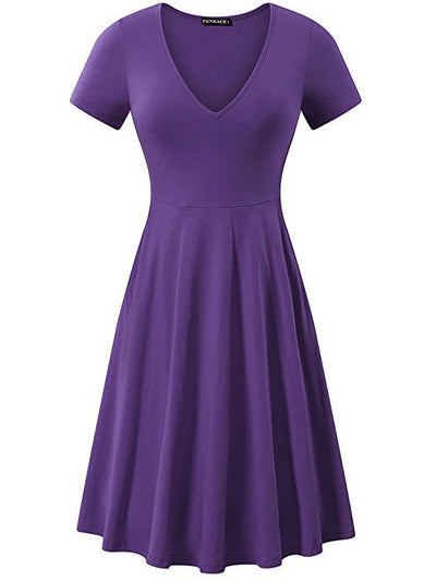 Damen A-Linien Kleid mit tiefem V-Ausschnitt und kurzem Ärmel Heidi-Mode