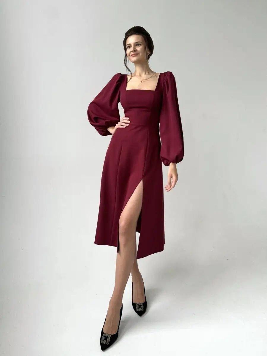 Damen Midikleid mit voluminösen Ärmeln und elegantem V-Ausschnitt Heidi-Mode