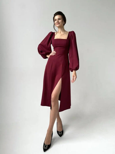 Damen Midikleid mit voluminösen Ärmeln und elegantem V-Ausschnitt Heidi-Mode