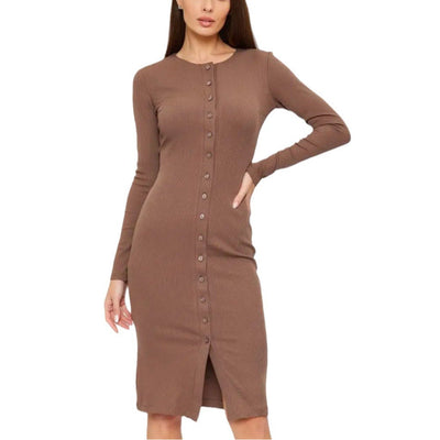 Damen figurbetontes Midi-Kleid mit Knopfleiste und elegantem V-Ausschnitt Heidi-Mode