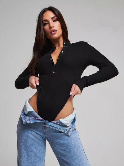 Damen langärmeliger Bodysuit mit Knopfdetails und tiefem Ausschnitt Heidi-Mode