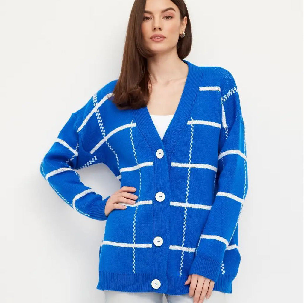 Damen lässiger Karoknitter-Cardigan mit Knöpfen und weitem Schnitt Heidi-Mode