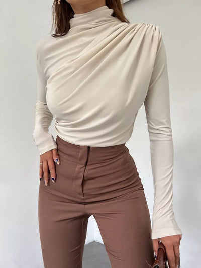 Damen Langarm Shirt mit elegantem Stehkragen und raffiniertem Drapé Heidi-Mode