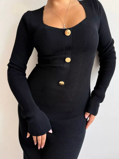 Damen StrickMaxikleid mit tiefem V-Ausschnitt und Knopfdetails Heidi-Mode