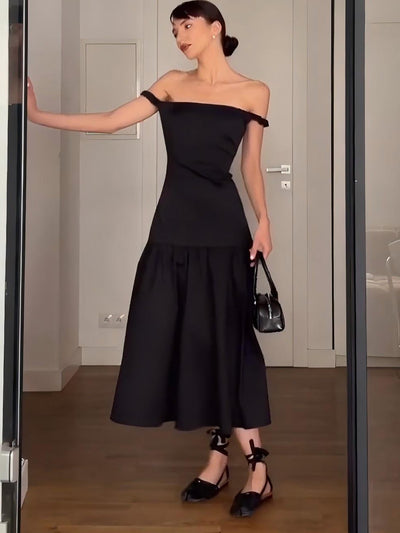 Damen Elegantes Off-Shoulder Kleid mit fließendem Rock und Rüschendetails Heidi-Mode